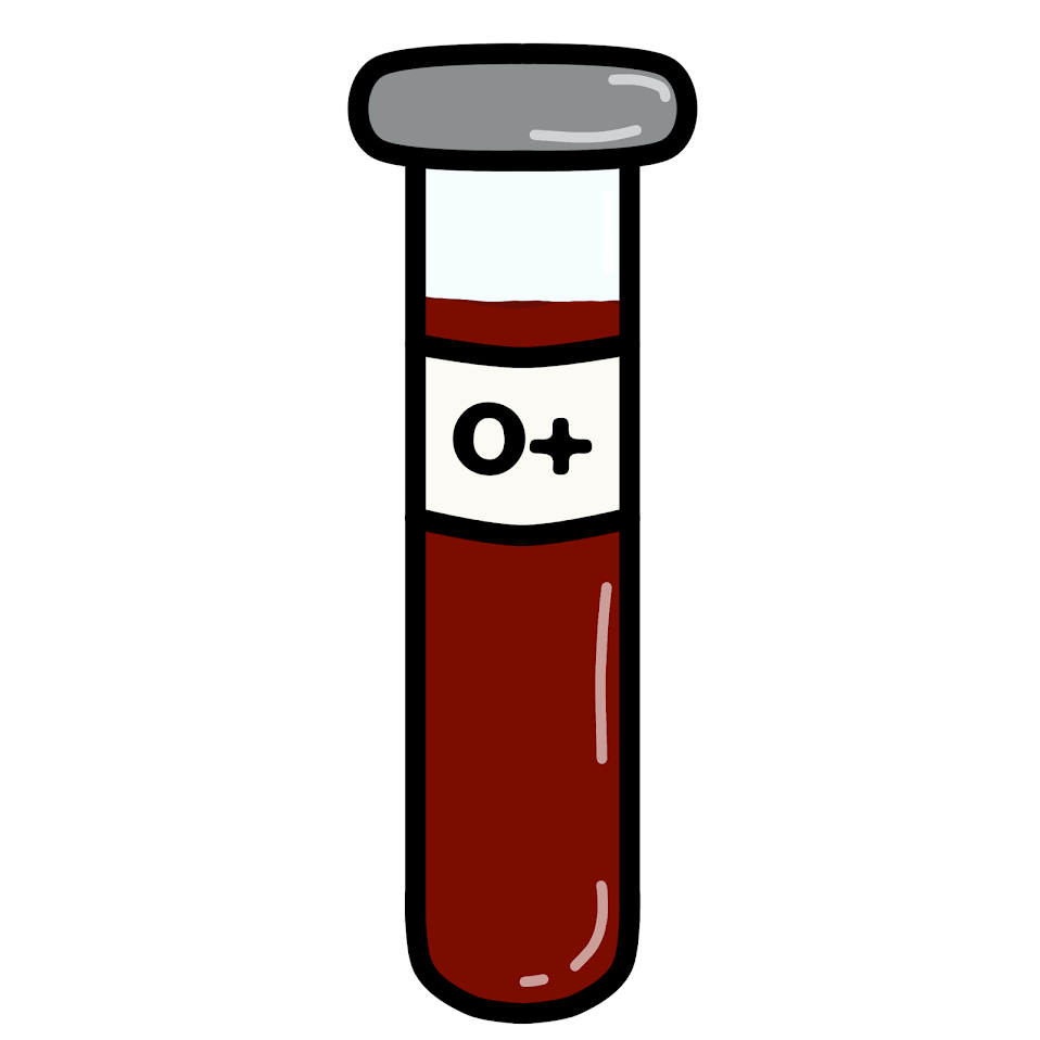 Cartoon style drawing of a glass vial filled with red liquid, there is a white label on the vial with, 'O+' on it